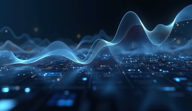 Futuristic blue digital waves flowing across a virtual landscape, representing artificial intelligence, data analysis, and modern technology innovations.

