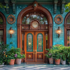 Obraz premium Elegant wooden double doors with ornate glass panels framed by emerald tile blue walls and greenery, luxurious and artistic entrance, copy space