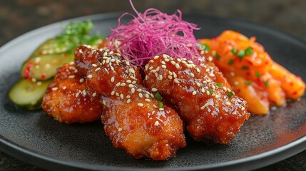 Fototapeta premium Korean fried chicken with kimchi and pickles on dark plate