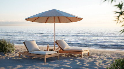 Wooden sun loungers under an umbrella on the beach with blue water and beautiful sky. Summer vacation concept