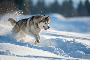 Naklejka premium Siberian Husky running joyfully through fresh snow in a winter landscape