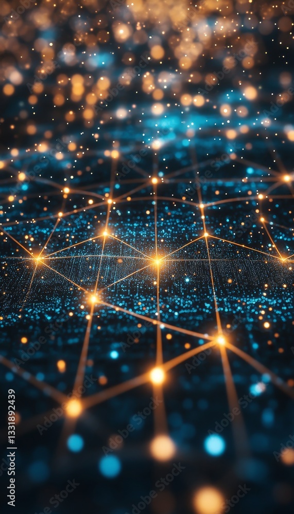 Poster abstract visualization of network with connected nodes, lines, and glowing points. perspective view