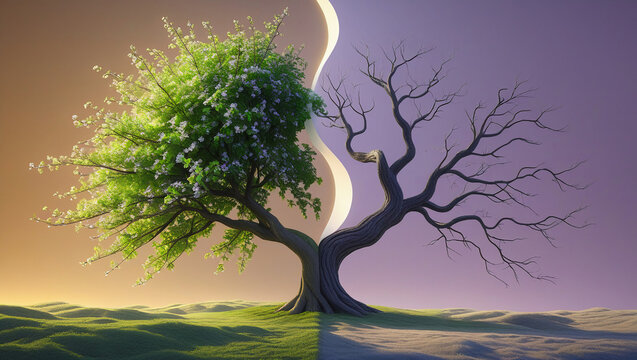 Surreal Tree with Half Blooming and Half Barren, Representing Change and the Duality of Growth and Loss