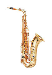 Naklejka premium Shiny gold saxophone isolated on black background, cut out
