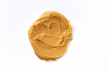 Delicious and healthy peanut butter on white background