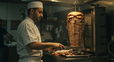 Delicious roasted meat shawarma preparation in a restaurant kitchen hot chef food gyro meal lunch