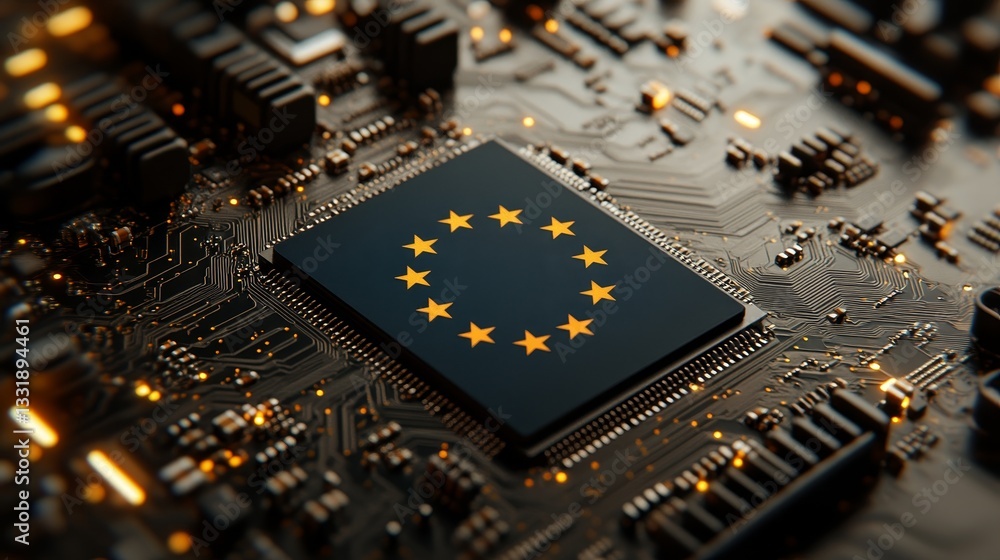 Aufkleber european union flag on computer chip representing technological advancements, data security.