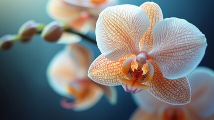 Peach and White Orchid Blossom Close up with Soft Lighting