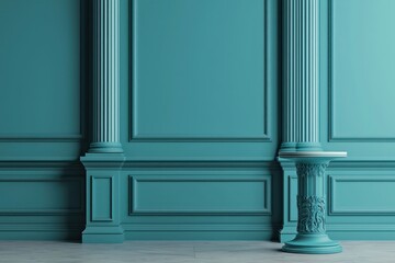 Empty pedestal scene for advertising, teal wall backdrop, 3D render.