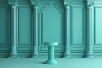 Fototapeta premium AI-conceptualized pedestal scene, teal background, 3D rendering.