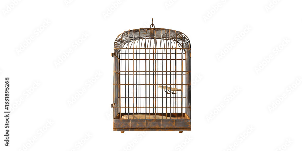 Poster rustic empty birdcage. symbol of freedom and confinement isolated on transparent background
