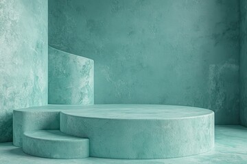 Podium with teal mint backdrop, abstract shapes for art or business ads.