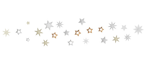 A scattering of gold, silver, and white stars on a black background