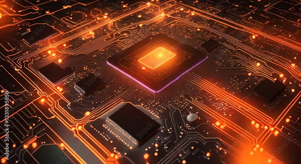 Poster futuristic motherboard circuit with orange glowing lights transmitting data creating a technological