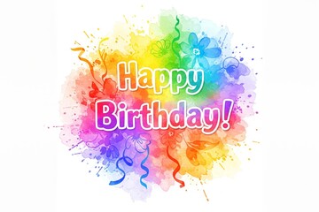 Wei&szlig;er &bdquo;Happy Birthday&ldquo;-Schriftzug vor einem bunten Aquarell-Hintergrund in Regenbogenfarben. Fr&ouml;hliches und lebendiges Design f&uuml;r Geburtstagsgr&uuml;&szlig;e. Generative KI