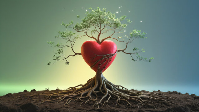 Vibrant Heart with Roots and Emerging Tree Branches, Representing Resilience and Personal Transformation