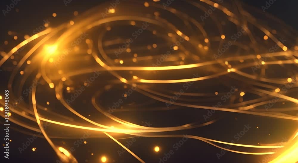 Poster glowing golden particles swirling in dark space magical abstract animation of sparkling light flow c