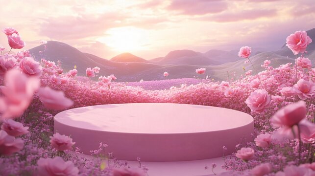 A serene light pink podium surrounded by dreamy poppy-like flowers, perfect for spring events, cosmetics displays, Valentine's Day, or romantic garden themes.