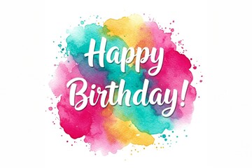 Weißer „Happy Birthday“-Schriftzug vor einem bunten Aquarell-Hintergrund in Regenbogenfarben. Fröhliches und lebendiges Design für Geburtstagsgrüße. Generative KI