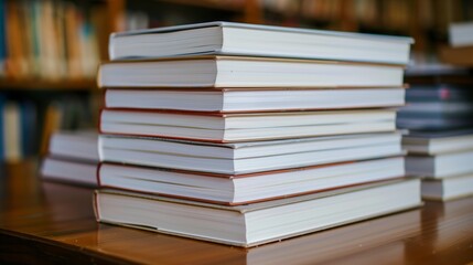 Fototapeta premium A stack of hardcover books with white covers neatly arranged on a table 8K