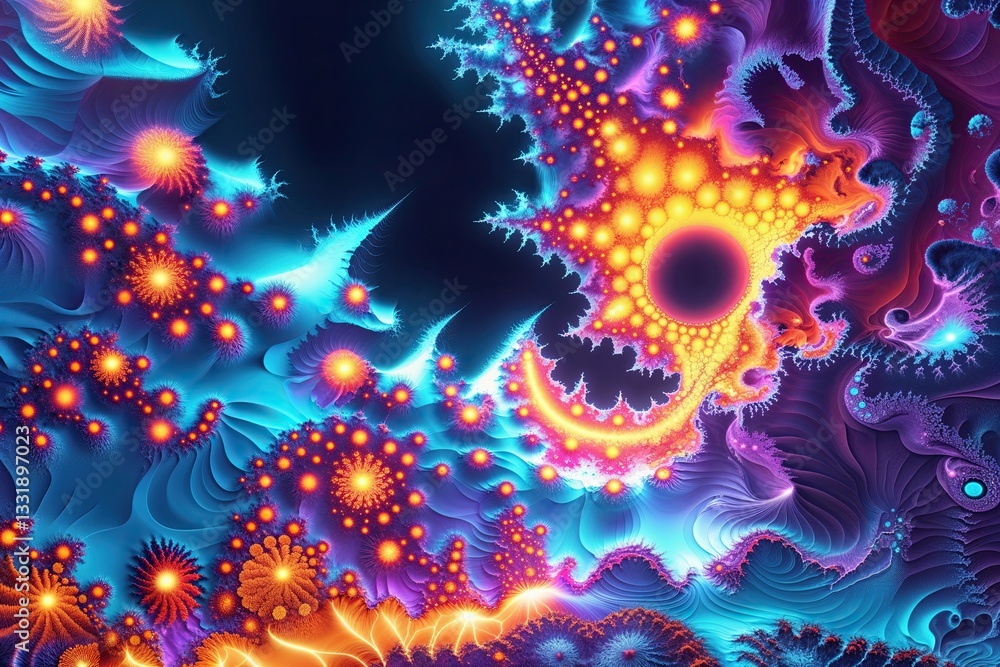 Poster vibrant fractal landscapes across multiple dimensions with dynamic patterns and luminous colors