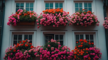 Fototapeta premium Ornate fa?ade with colorful flower boxes