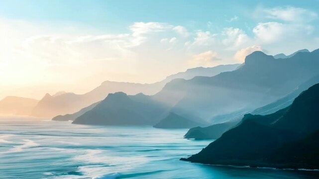 Golden sunrise light rays illuminating the cliffs and ocean of na pali coast state wilderness park