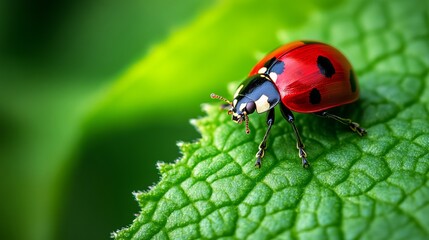 Fototapeta premium Red Ladybug on Green Leaf Macro Photography