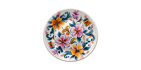 Decorative Ceramic Plate With Colorful Floral Design. Artistic Home Decor And Tableware Isolated On Transparent Background