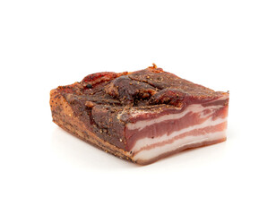 Cured carbonara pork isolated, raw smoked bacon, streaky brisket on white background
