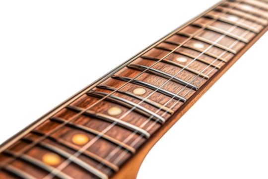 Close Up of a Brown Wooden Guitar Neck with Gold Frets and Strings Isolated On Transparent Background