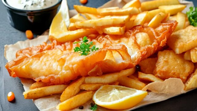 Fish and chips and french fries with lemon and sauce on a wooden table
