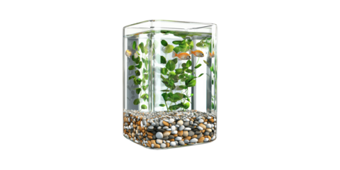 Modern Rectangular Fish Tank With Goldfish And Aquatic Plants. Home Decor And Aquatic Life Isolated On Transparent Background