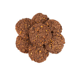 Chocolate oatmeal cookies, healthy cereal oat crackers with nuts, crispy homemade cookie with cocoa powder