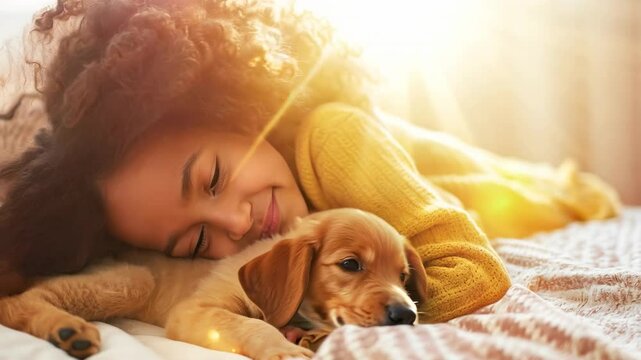 A little girl tenderly hugs her puppy and lies on the bed in a bright bedroom in the morning. Friendship concept between child and pet, copy space for text
