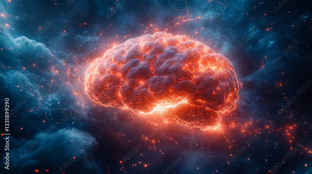 Poster a conceptual image of a brain surrounded by glowing electric currents, representing artificial intel