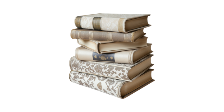 Stack Of Vintage Books With Ornate Covers. Antique Literature And Classic Reading Collection Isolated On Transparent Background - Powered by Adobe