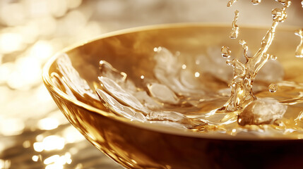 A golden bowl with transparent liquid and floating ice cubes, creating a dynamic splash effect