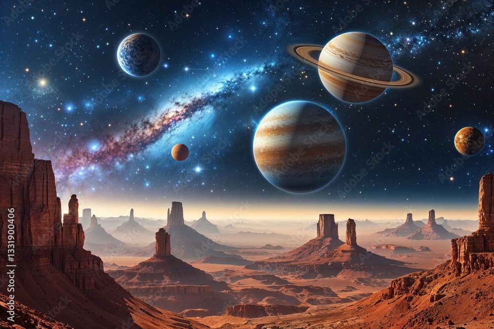 Poster exploring celestial structures and planetary systems in the expansive universe