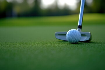 Close up of a putter aligned with a golf ball on a green surface Generative AI