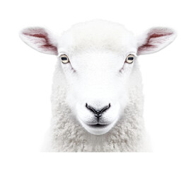 Fototapeta premium Portrait of a white sheep facing front on a white background, cut out