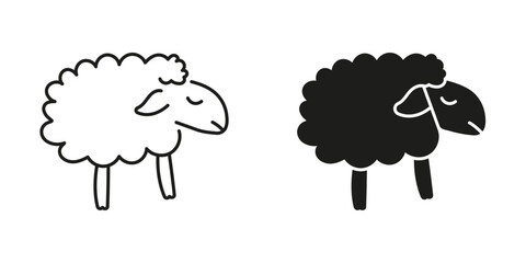 Sleeping Sheep Line and Silhouette Icon Set. Peaceful Rest and Counting Sheep Symbol. Bedtime Rest and Calm Night. Relaxation Aid. Editable Stroke. Isolated Vector Illustration