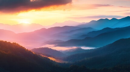 Sunrise Over Misty Mountain Range Warm and Cool Colors Blend at Dawn