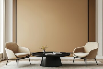 Premium room, warm chocolate beige wall, luxury furniture, 3D.