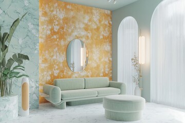Sofa and wall in the 2025 color trend enrich this stylish living area, 3D.