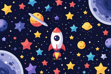 Fototapeta premium Adorable Flat Design Vector Space Background Featuring Colorful Stars in Dark Cosmos