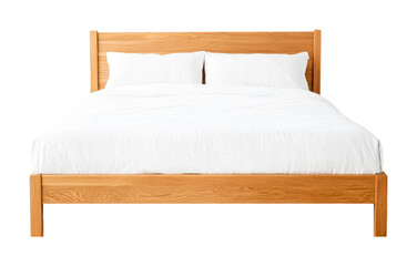 Wooden queen bed with white bedding on black background, cut out