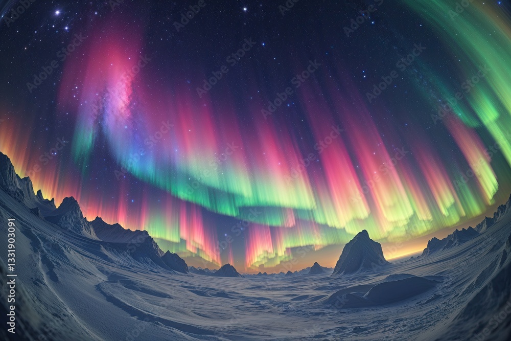 Poster endless multi-colored aurora in stunning 360-degree equirectangular view of the universe