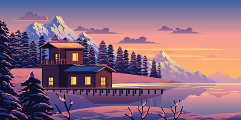 Sunset Cabin And Lake In The Snow Mountain Vector Landscape Illustration