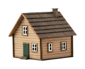 Miniature wooden house model with green door and chimney, cut out